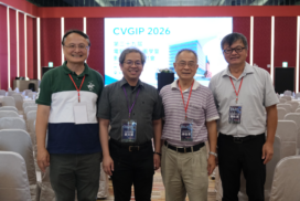 CVGIP 2026 電腦視覺、圖學暨影像處理研討會，四位與會者於會場螢幕前合影。